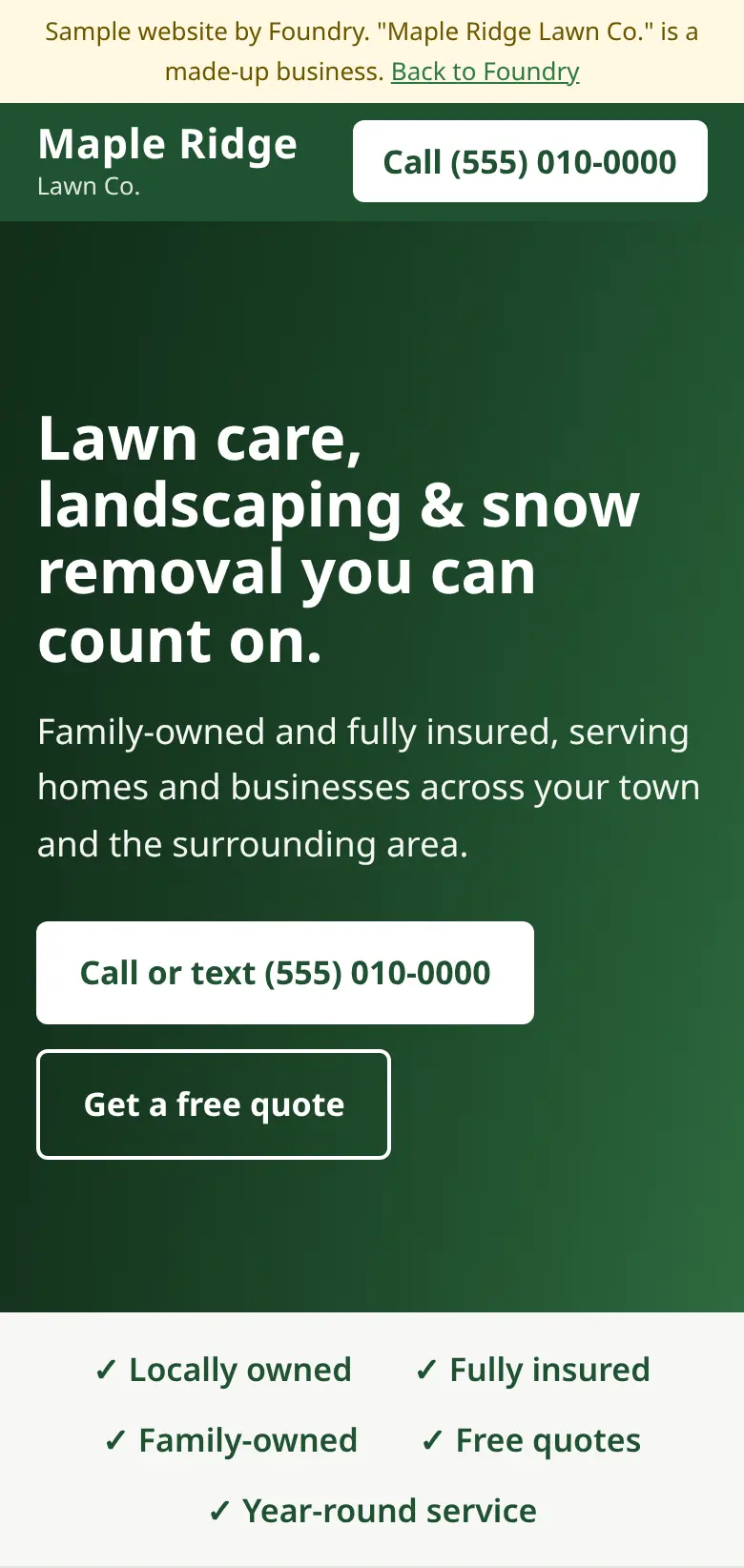 Phone screenshot of the rebuilt lawn care homepage: a headline about lawn care, landscaping and snow removal, a big call button, and a free quote button.